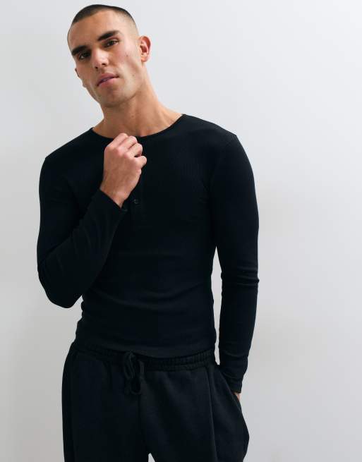 COLLUSION long sleeve fitted henley t-shirt in black, 2 of 5
