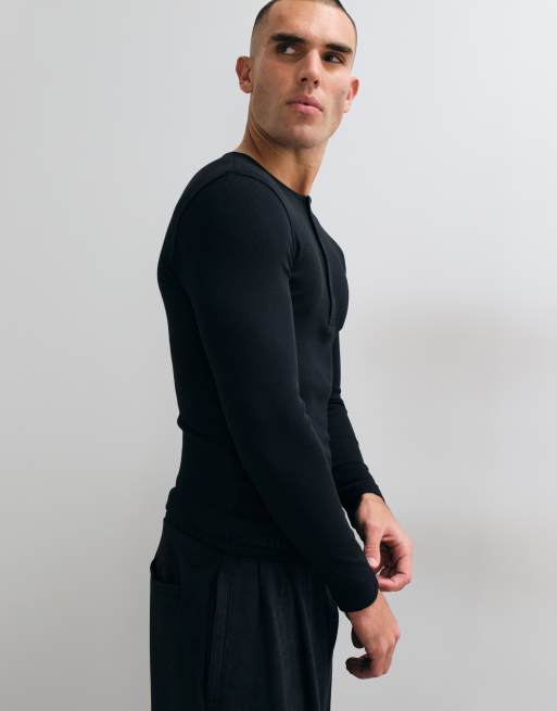 COLLUSION long sleeve fitted henley t-shirt in black, 5 of 5