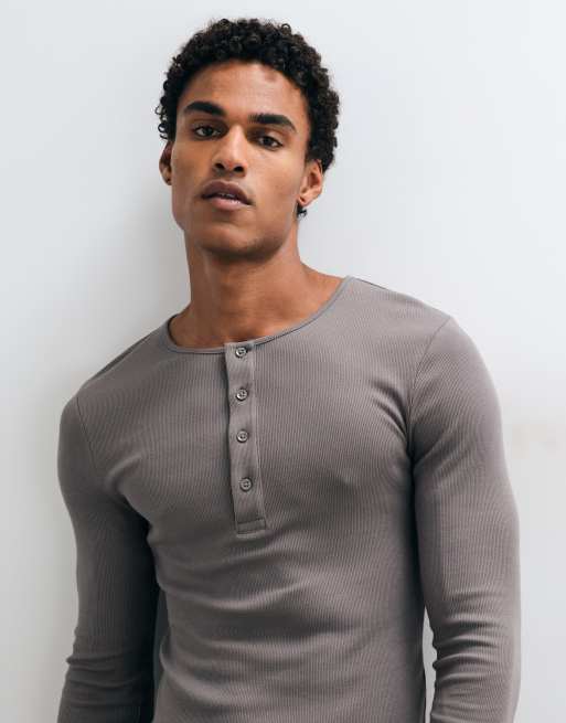 COLLUSION long sleeve fitted henley t-shirt in grey wash, 3 of 5