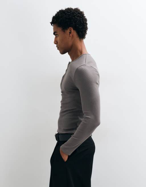 COLLUSION long sleeve fitted henley t-shirt in grey wash, 4 of 5