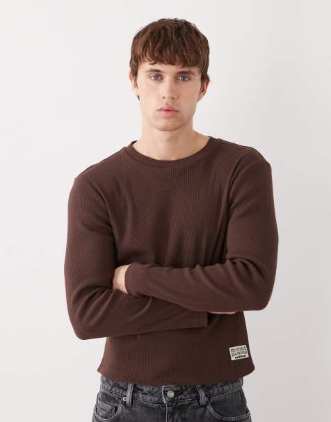 COLLUSION long sleeve fitted rib top in brown