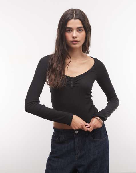 COLLUSION long sleeve fitted ruched front top in black - view 1