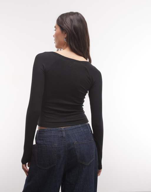 COLLUSION long sleeve fitted ruched front top in black, 4 of 4