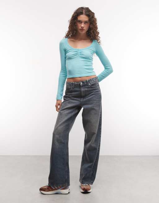 COLLUSION long sleeve fitted ruched front top in light blue, 3 of 4