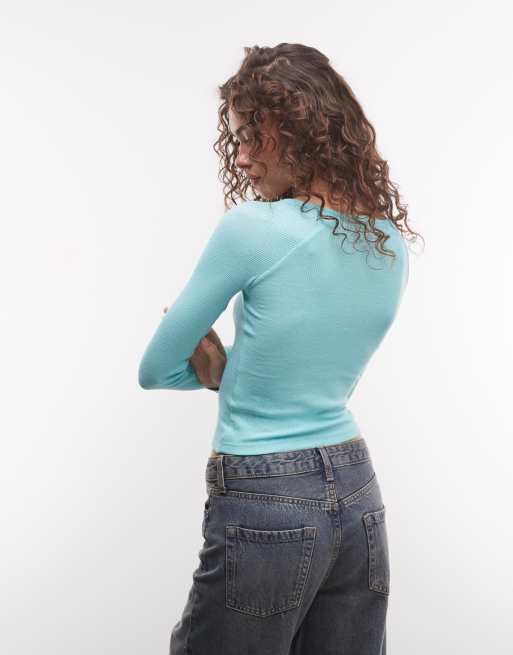 COLLUSION long sleeve fitted ruched front top in light blue, 4 of 4