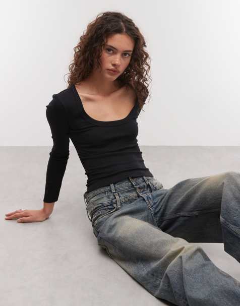 COLLUSION long sleeve fitted scoop neck top in black - view 1