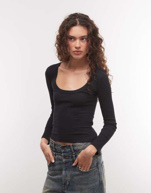 COLLUSION long sleeve fitted scoop neck top in black, 2 of 4