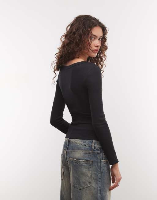 COLLUSION long sleeve fitted scoop neck top in black, 4 of 4
