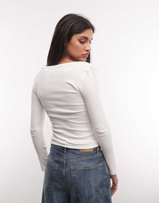 COLLUSION long sleeve fitted scoop neck top in ivory, 4 of 4
