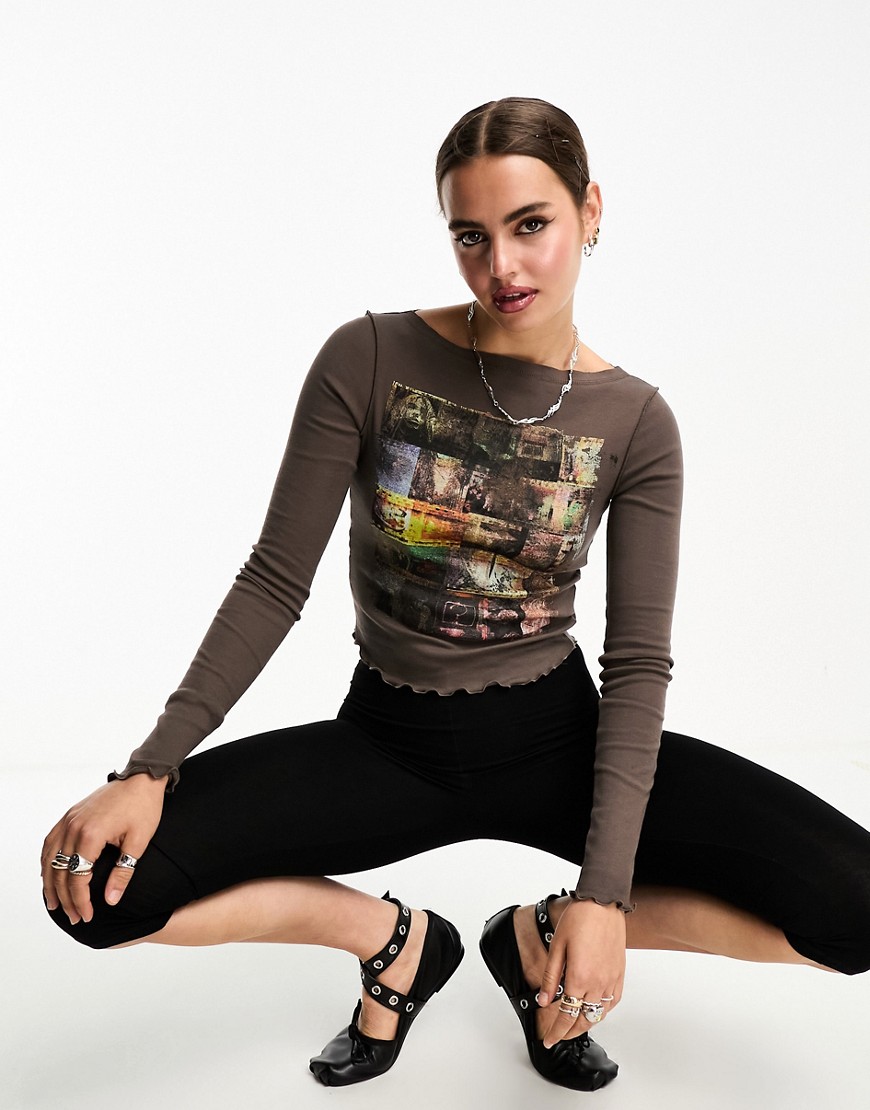 COLLUSION long sleeve graphic patchwork top in brown