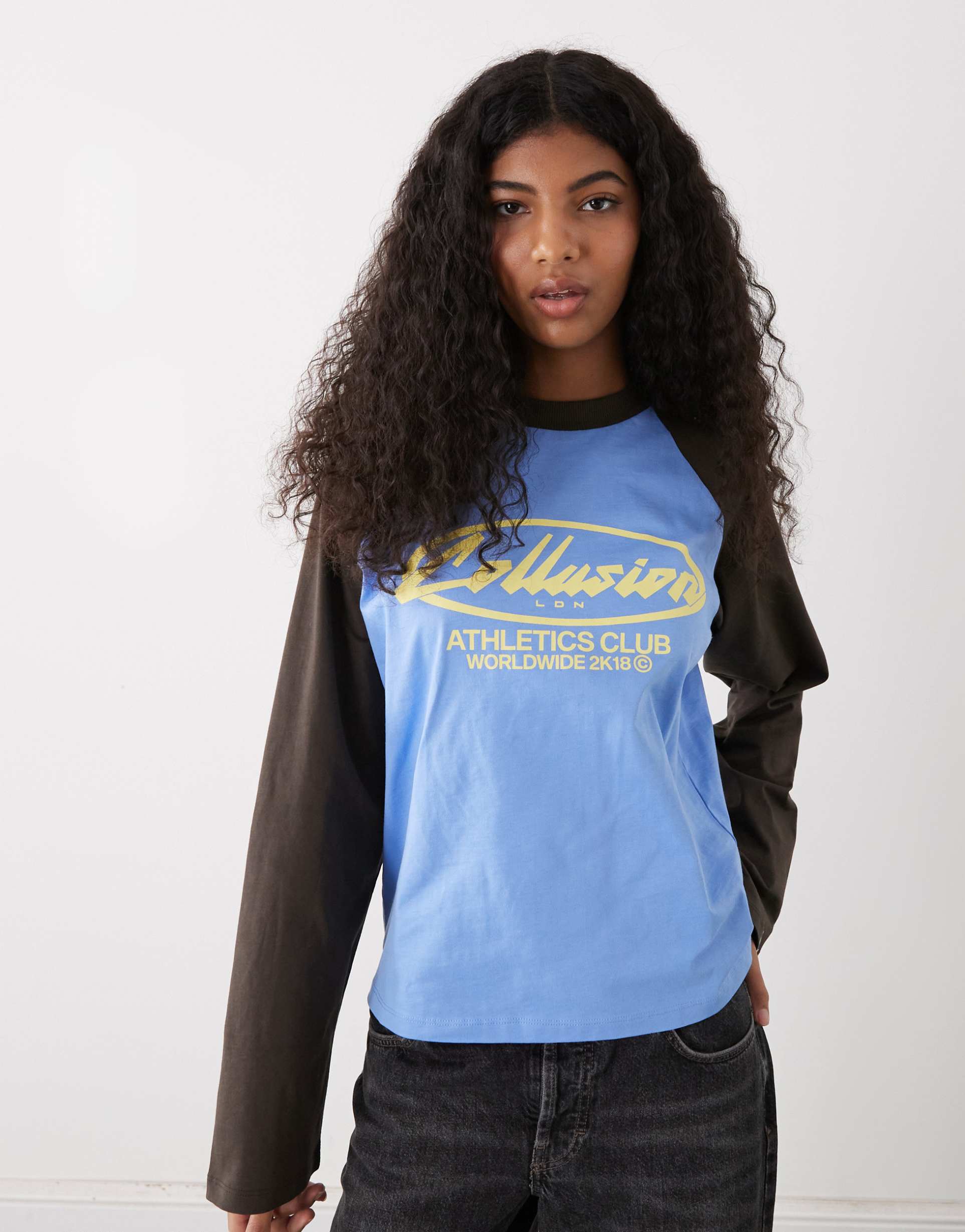 collusion long sleeve graphic raglan top in blue
