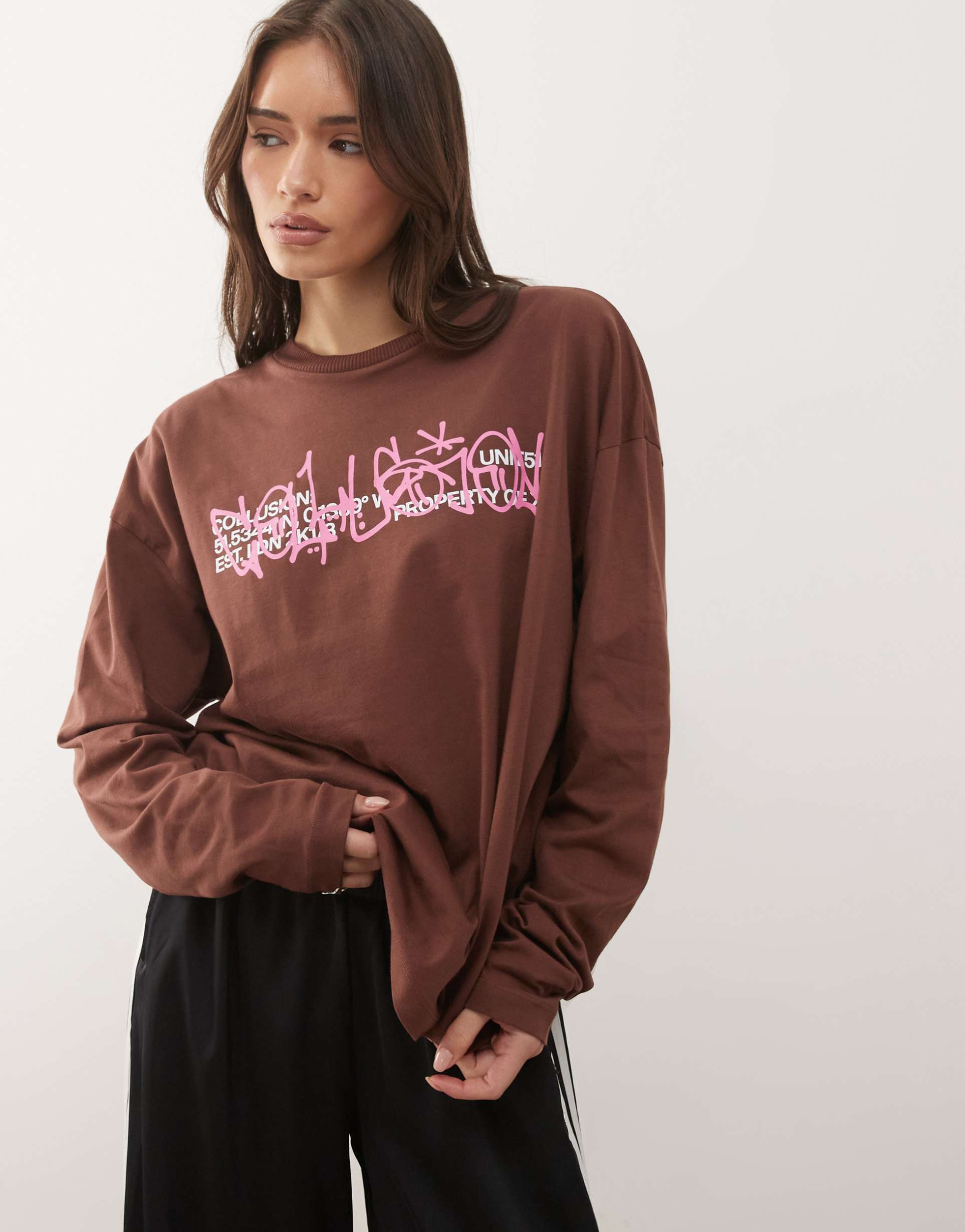 collusion long sleeve graphic tee in chocolate