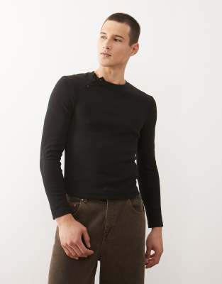 Collusion Long Sleeve Henley Neck Shirt With Asymmetric Buttons In Black