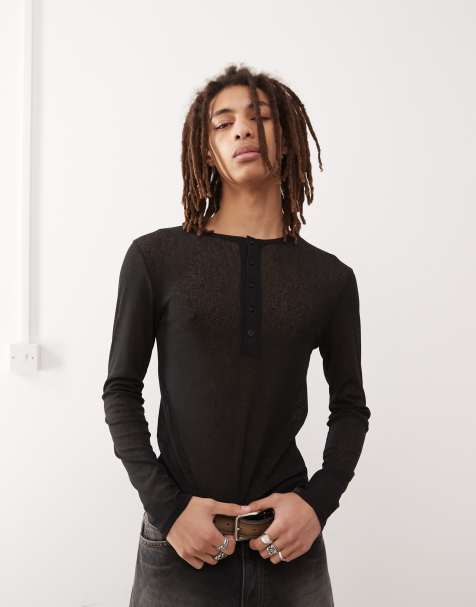COLLUSION long sleeve henley top in tissue mesh black - view 1