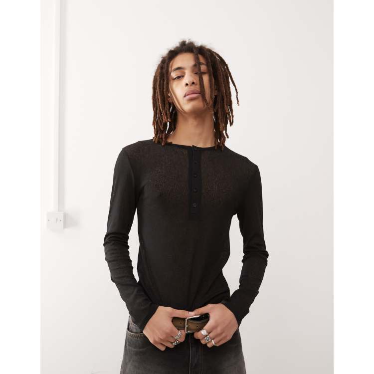 COLLUSION long sleeve henley top in tissue mesh black | ASOS