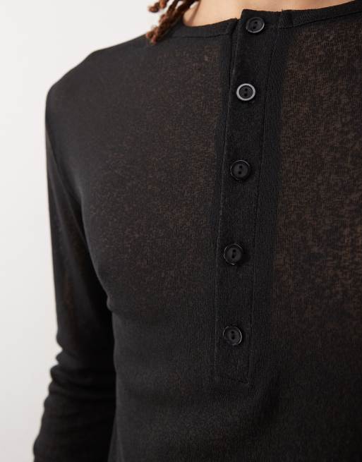 COLLUSION long sleeve henley top in tissue mesh black | ASOS