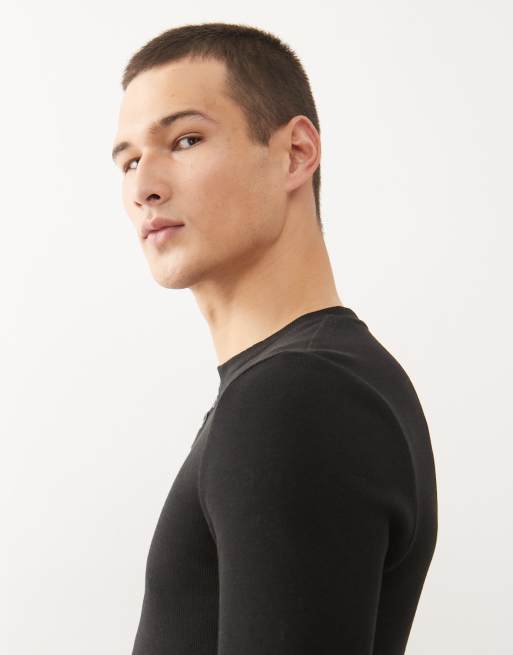 COLLUSION long sleeve henley top with asymmetric buttons in black, 4 of 5