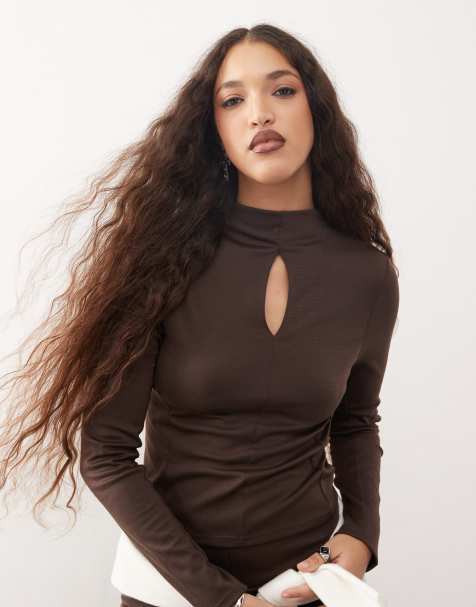 COLLUSION long sleeve high neck cut out fitted sporty top in chocolate - part of a set - view 1