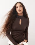 [Collusion] COLLUSION long sleeve high neck cut out fitted sporty top in chocolate (part of a set)-Grey XS Chocolate