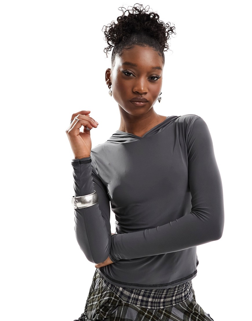 COLLUSION long sleeve hooded slinky top in grey