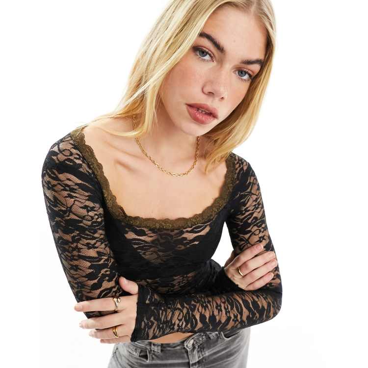 COLLUSION long sleeve lace square neck top in black