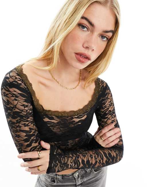 COLLUSION long sleeve lace square neck top in black