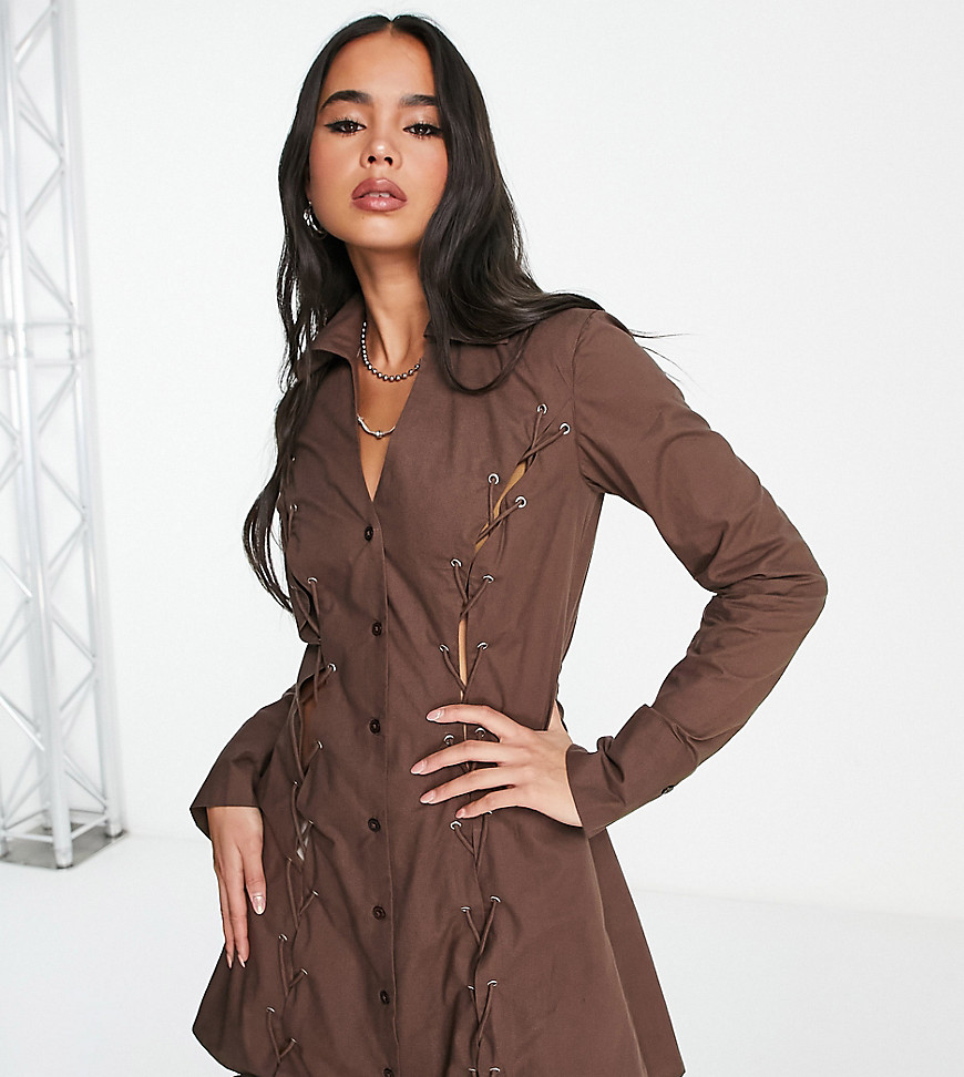 Collusion Long Sleeve Lace-up Shirt Dress In Brown