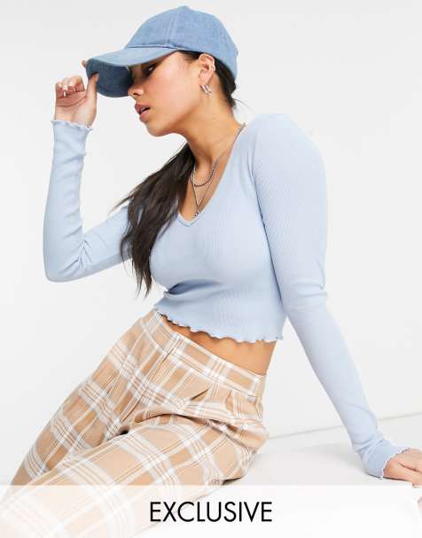COLLUSION long sleeve lettuce edge crop top in pale blue - view 1