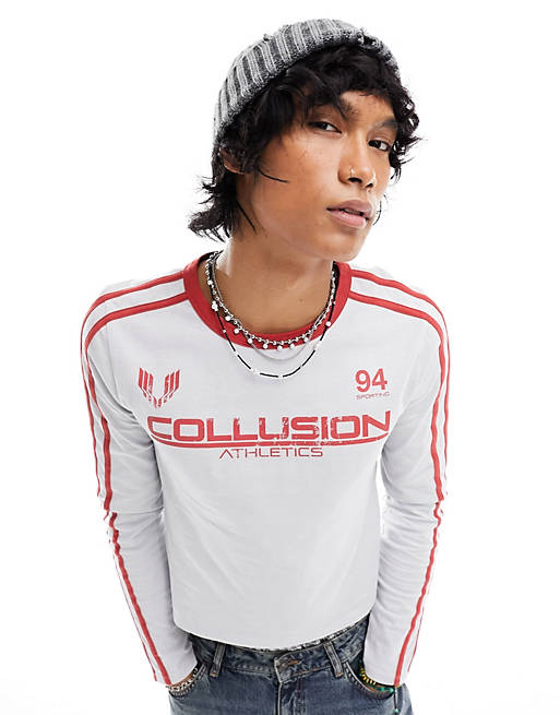 COLLUSION long sleeve logo slim fit football athletic T-shirt in gray