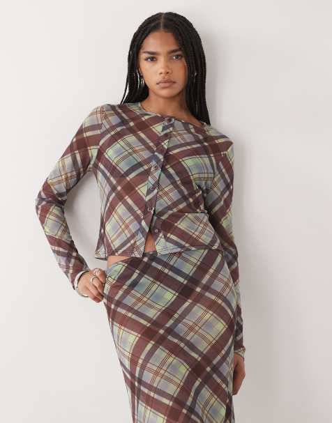 COLLUSION long sleeve mesh button through top in burgundy and lime check - view 1