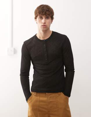 Collusion Long Sleeve Mesh Henley Button Down T-shirt In Black