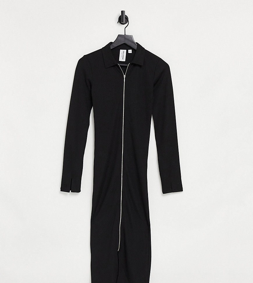 COLLUSION long sleeve midi zip front dress in black