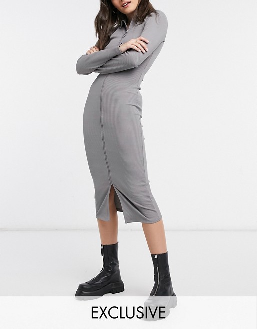 COLLUSION long sleeve midi zip front dress in grey
