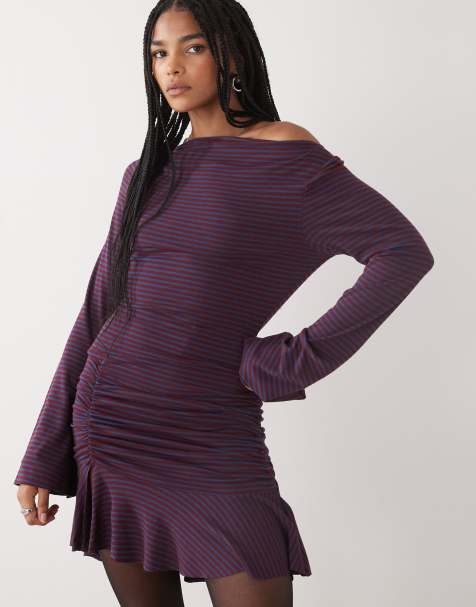 COLLUSION long sleeve mini dress in blue and burgundy stripe - view 1