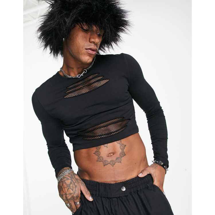 COLLUSION fur trim long sleeve mesh top in black