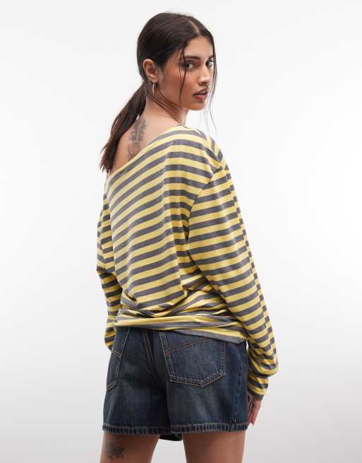 COLLUSION long sleeve off the shoulder stipe top in lemon and grey stripe, 3 of 4