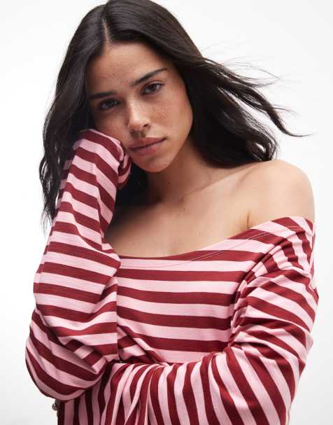 COLLUSION long sleeve off the shoulder stipe top in pink and burgundy stripe