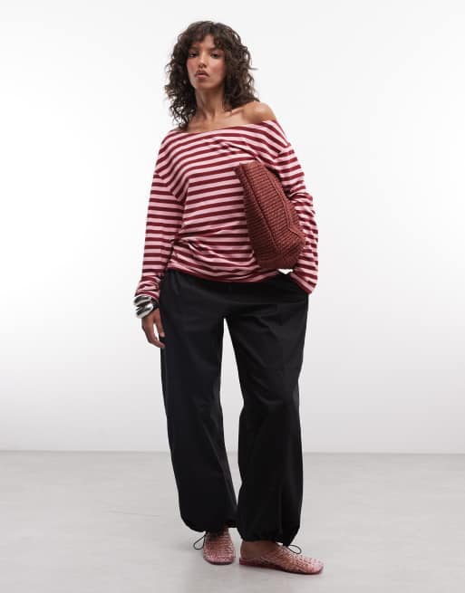COLLUSION long sleeve off the shoulder stipe top in pink and burgundy stripe, 4 of 4