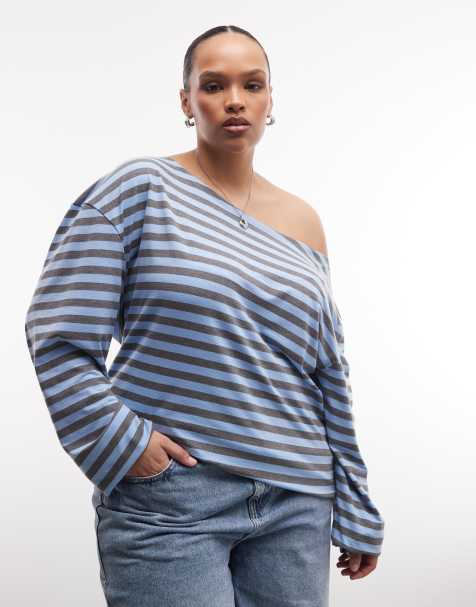 COLLUSION Plus long sleeve off the shoulder stipe top in turquoise and grey stripe
