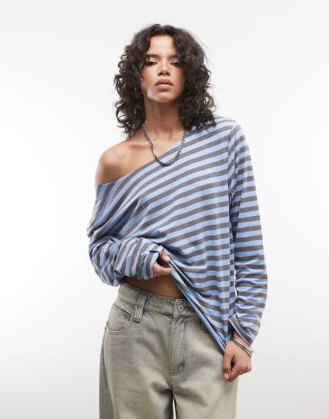 COLLUSION long sleeve off the shoulder stipe top in turquoise and grey stripe