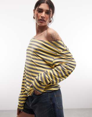 Collusion Plus Long Sleeve Off-the-shoulder Stripe Top In Yellow