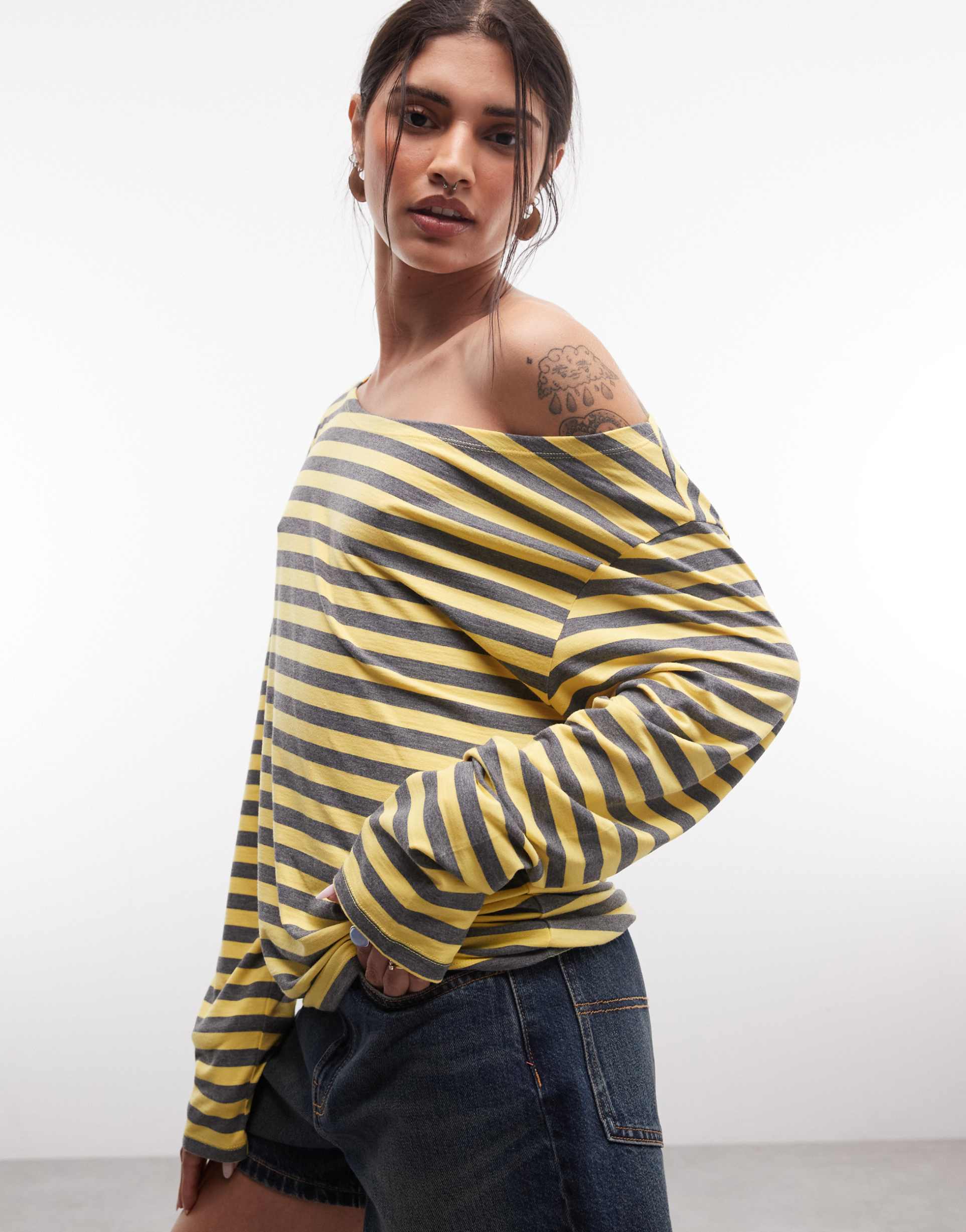 collusion long sleeve off the shoulder top in lemon and gray stripes