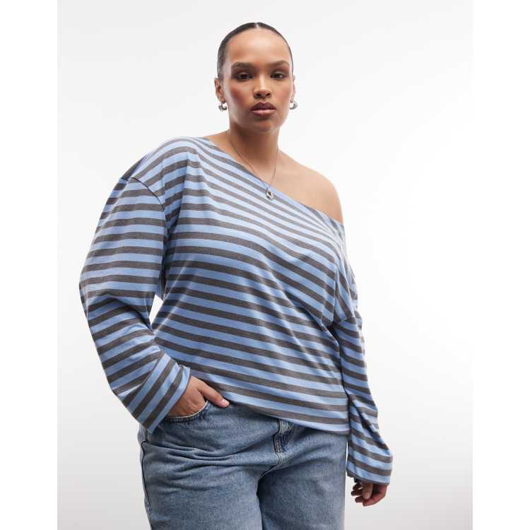 トップス meer. SHOULDER GATHERED TOP(BLE GRY) COLLUSION long sleeve off the shoulder top in turquoise and gray
