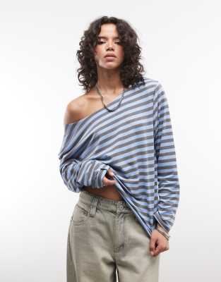 Collusion Long Sleeve Off The Shoulder Top In Blue
