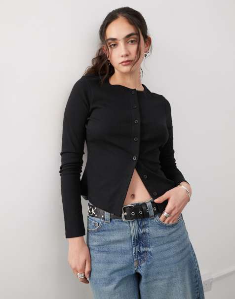 COLLUSION long sleeve pointelle cardigan in black - view 1