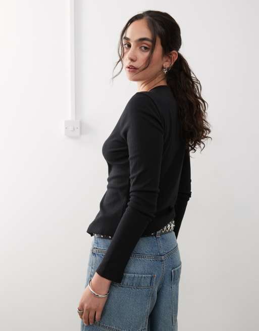 COLLUSION long sleeve pointelle cardigan in black
