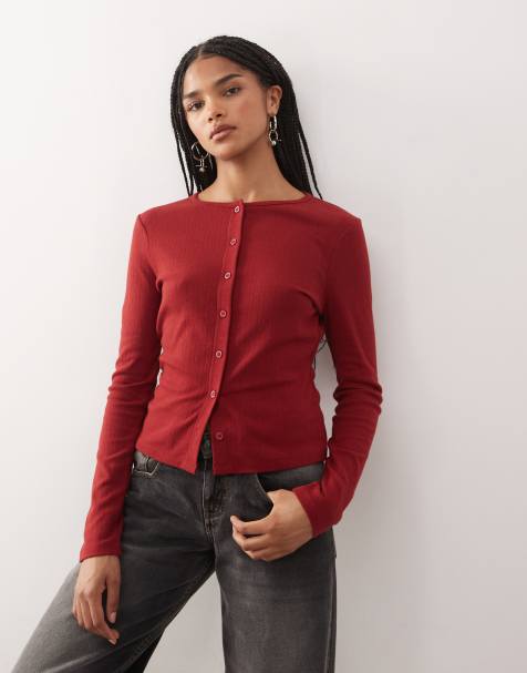 COLLUSION long sleeve pointelle cardigan in burnt cherry