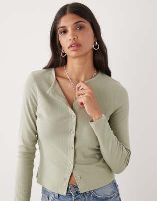 Collusion Long Sleeve Pointelle Cardigan In Green