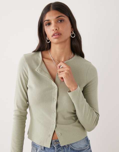 COLLUSION long sleeve pointelle cardigan in khaki - view 1
