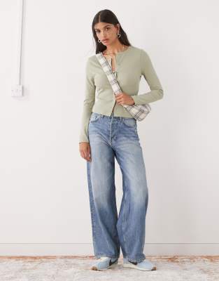 Collusion Long Sleeve Pointelle Cardigan In Green
